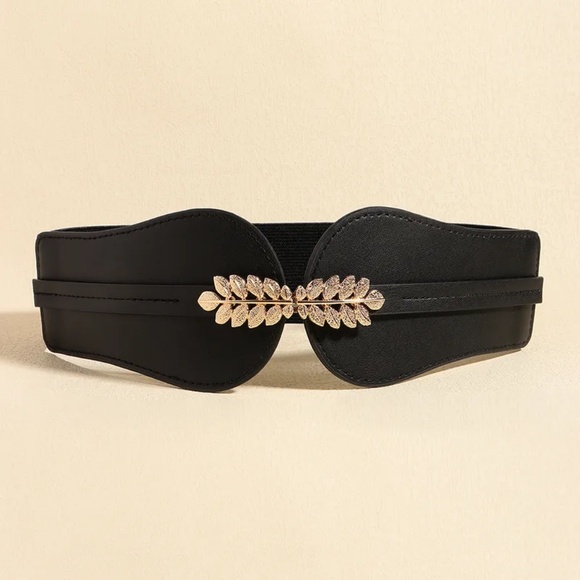 2/$30 Elastic Stretch Black Belt Pu Leather Gold Leaf Buckle For Dress Coats - Picture 4 of 8